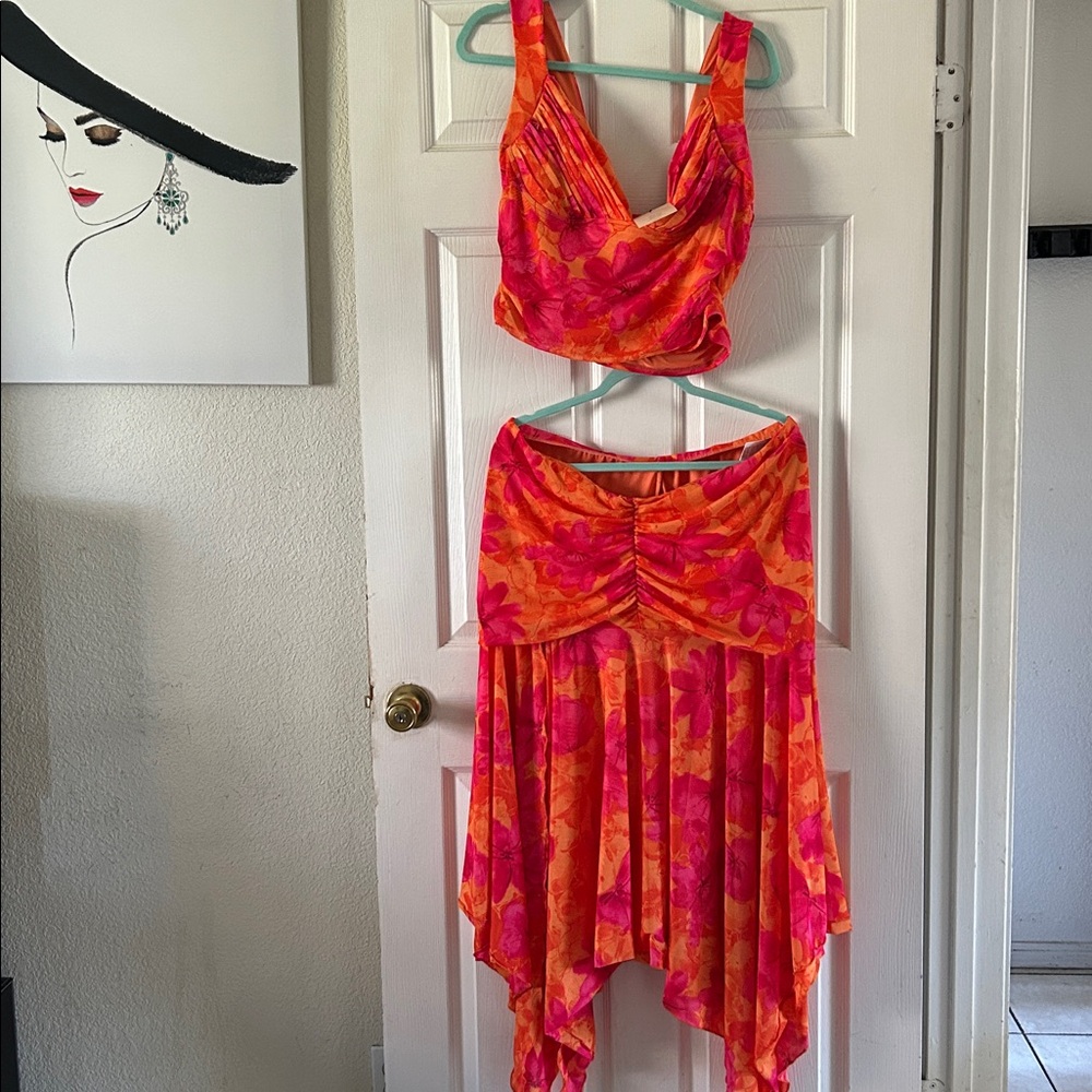 SHEIN Orange and Pink Floral Handkerchief Hem Skirt Set